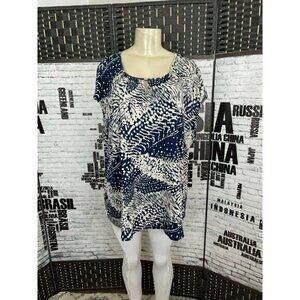 Grayson Plus 3X Navy Blue Print Scoop Cut-Out Metal Bead Neck Sleeveless Top